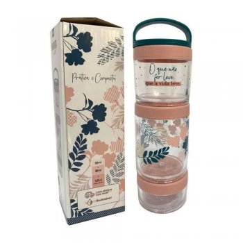 Marmita Snack de Acrílico Redondo Decorado Empilhável com 3 divisórias, com tampa e alça 140/90/50ml - FWB - 96543