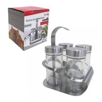 Porta Condimento Vidro/Inox 4 peças 80ml com Suporte - Top Chef - TRC8421