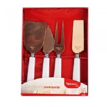 Conjunto para Queijo e Frios 4 peças Faca + Garfo + 2 Espátulas - rose gold e cabo branco - Wellmix - WX6423