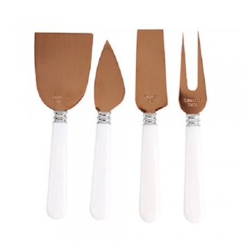 Conjunto para Queijo e Frios 4 peças Faca + Garfo + 2 Espátulas - rose gold e cabo branco - Wellmix - WX6423
