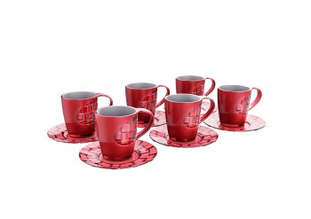 Kit Caneca 250ml com Pires, Vermelho Transparente, 6 unidades, Crippa - 403032-006