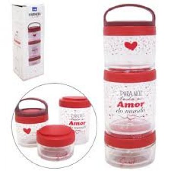 Marmita Snack de Acrílico Redondo Decorado Empilhável com 3 divisórias, com tampa e alça 140/90/50ml - FWB - 96544