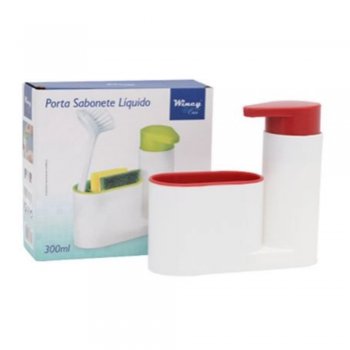 Dispenser Porta Detergente/Esponja - Plastico Branco com vermelho 300ml 18X16cm - Wincy - CLB01017