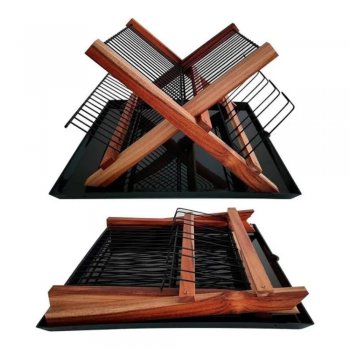 Escorredor de Louça Dobrável Madeira Teca com Bandeja - Stolf - STF1465