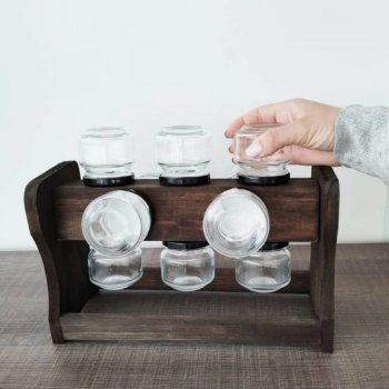 Porta Temperos Giratório em Madeira com 10 Potes de Vidro 120ml - Stolf - STF1120