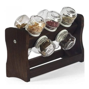 Porta Temperos Giratório em Madeira com 10 Potes de Vidro 120ml - Stolf - STF1120